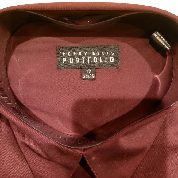 17 Neck 34/35 Perry Ellis Portfolio Red Plum Collar Stays Dress Shirt Burgundy - Picture 3 of 4